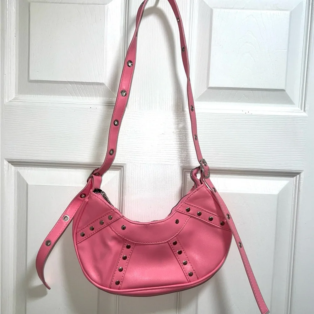 Pink Studded Shoulder Bag Small Crescent Moon Bag Trendy Y2K Style - Picture 2 of 4